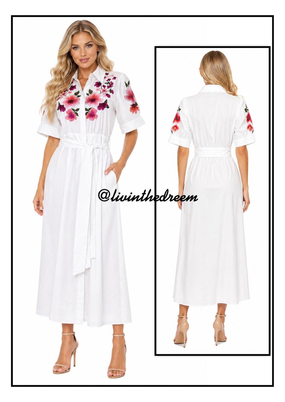 Crisp White Floral Embroidery Button Down Embroidered Dress SZ M